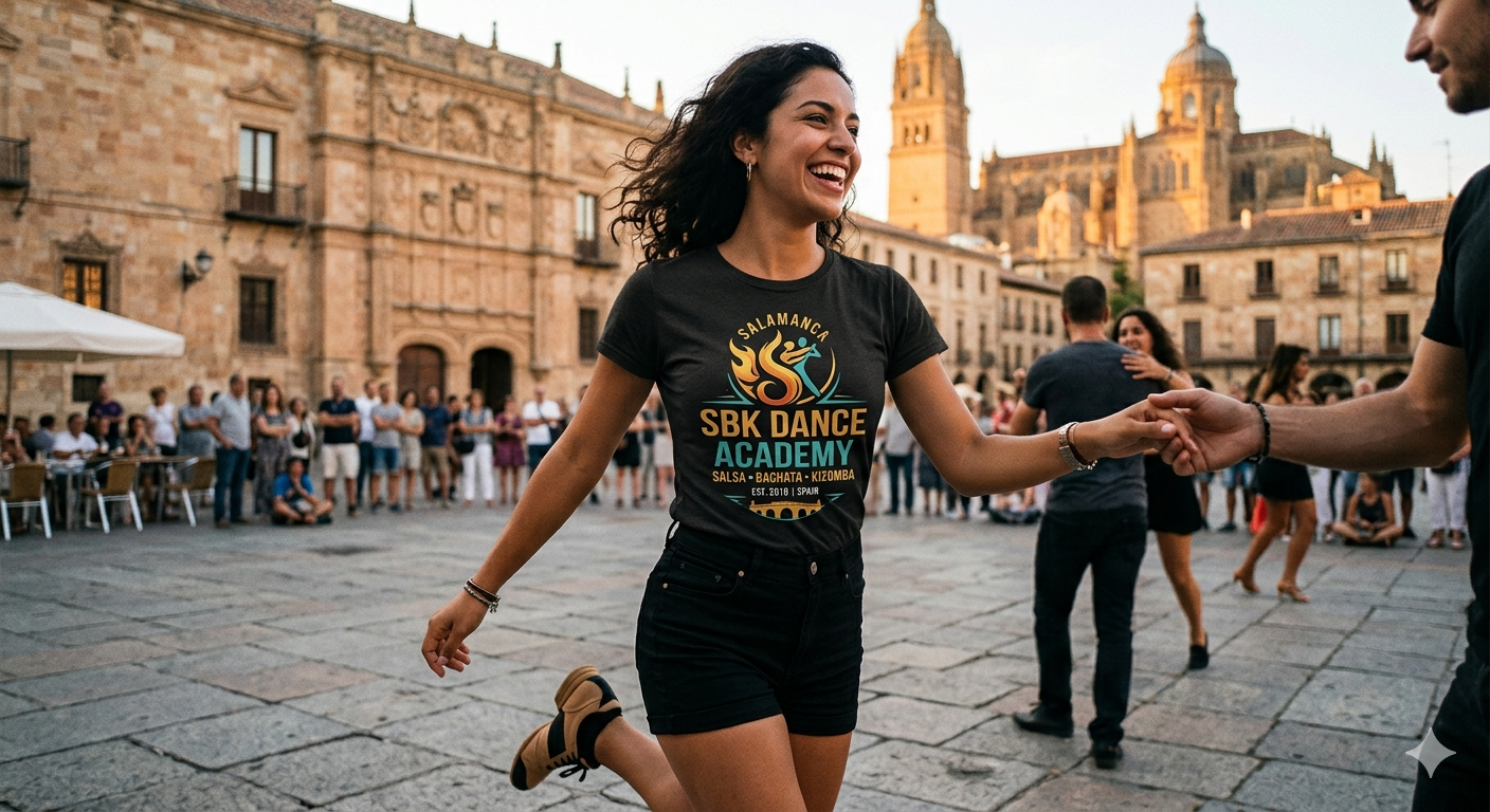 Laura and Diego wearing the Salamanca SBK black t-shirt
